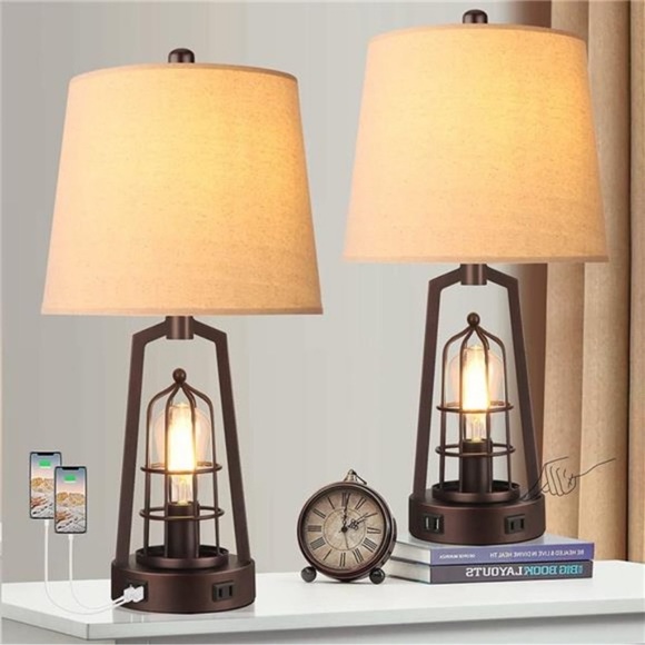 Set of 2 Farmhouse Table Lamps with USB Ports 3-Way Dimmable Bedside Touch Lamp